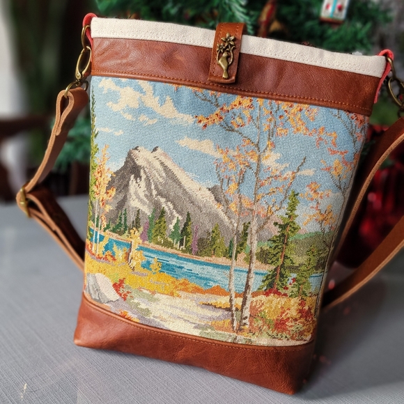 Handmade upcycled needlepoint & leather  purse - Picture 1 of 5